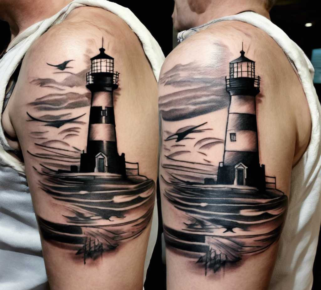 lighthouse shoulder tattoo in the ocean