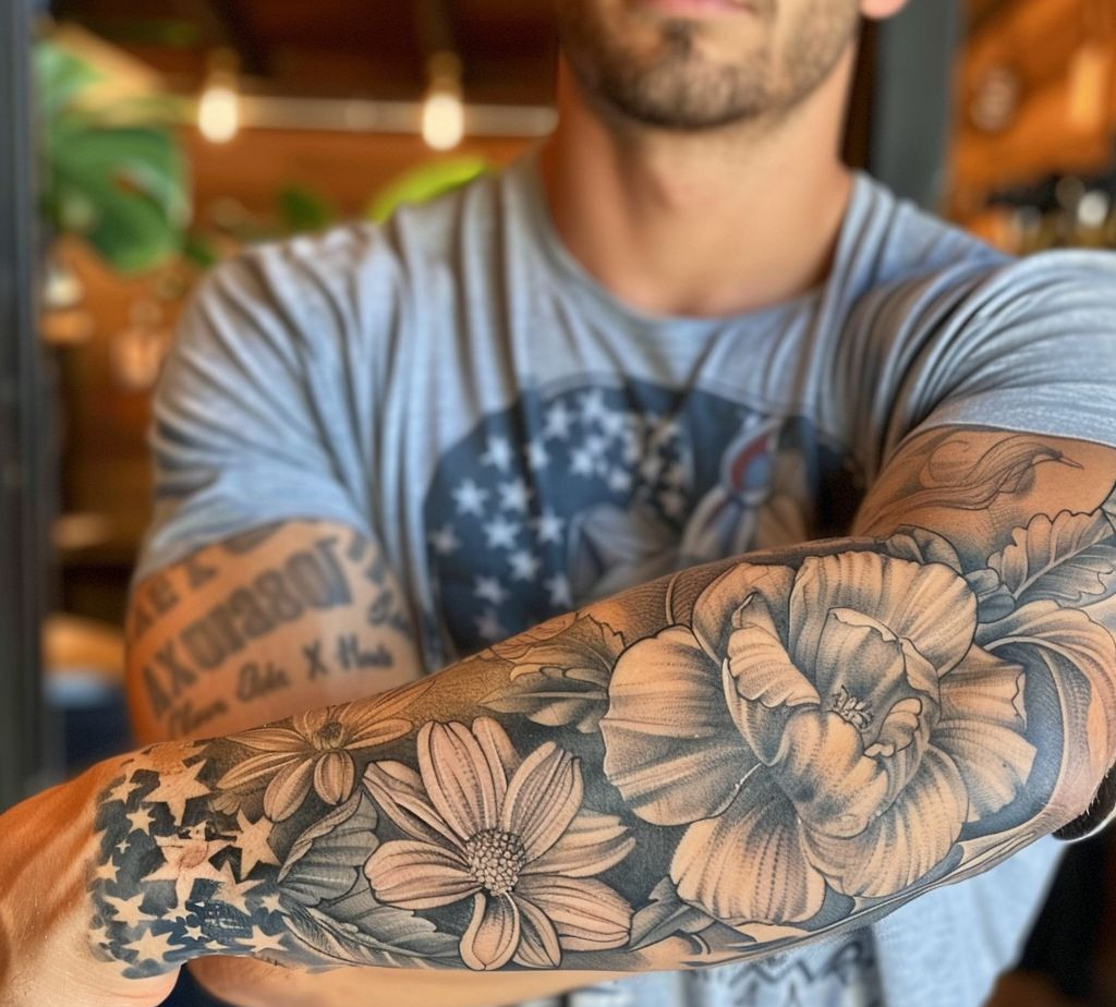 full sleeve masculine flower tattoo