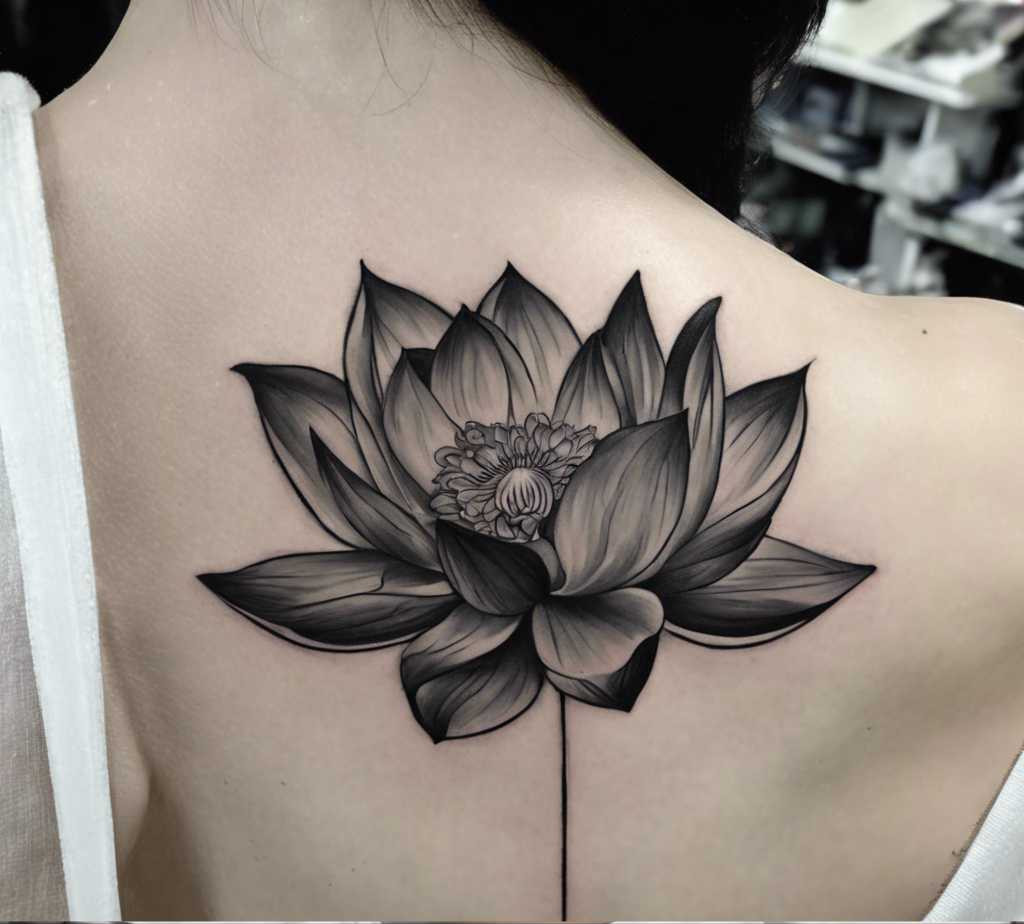Lotus flower tattoo. This flower tattoo is positioned on the shoulder back