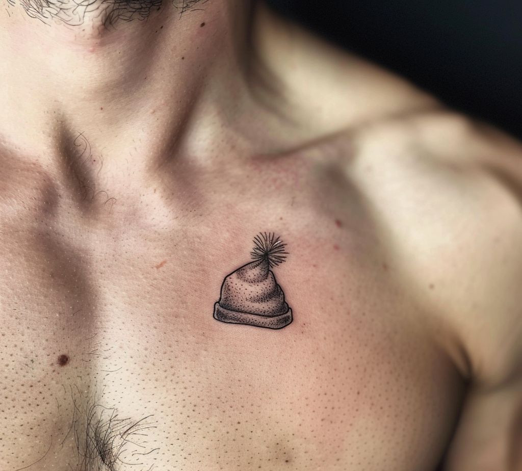 santa's hat black and white christmas tattoo on the chest