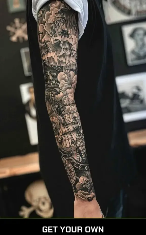 pirate theme sleeve black work tattoo idea