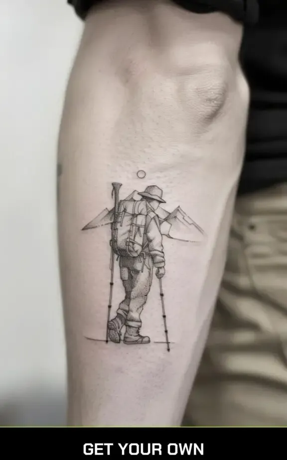 camping tattoo of a man with a bag pack going camping