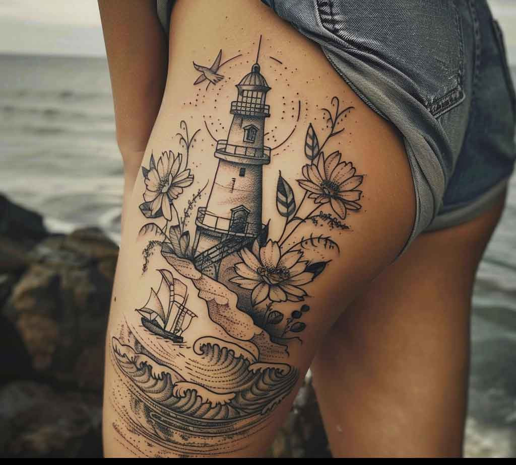 Floral Lighthouse Tattoo Ideas