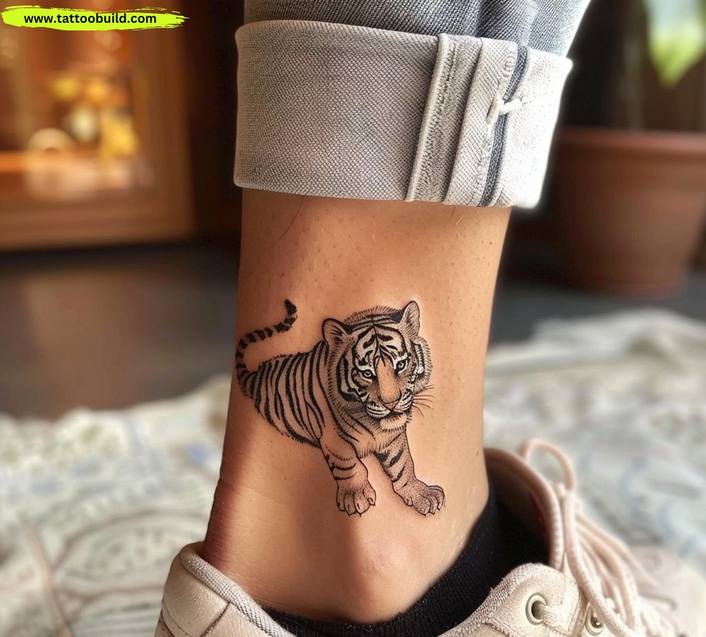 tiger cute ankle tattoo for women