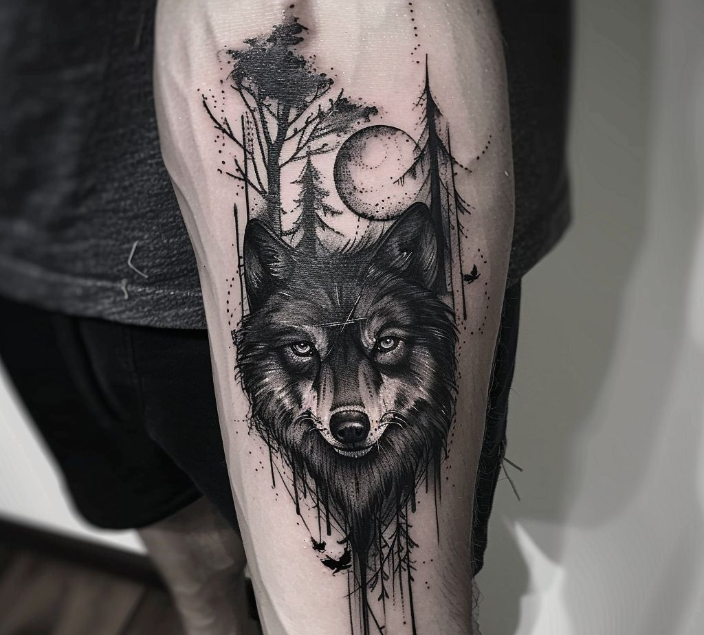 night wolf: black and white tattoo ideas for men