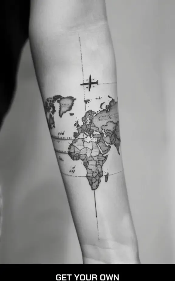 world map and airplane tattoo