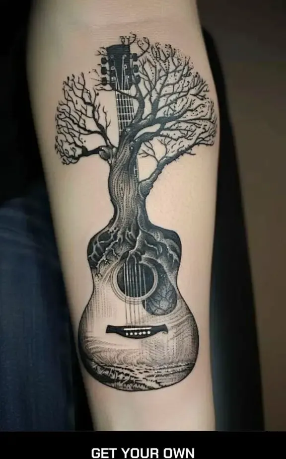 tree and guitar music tattoo