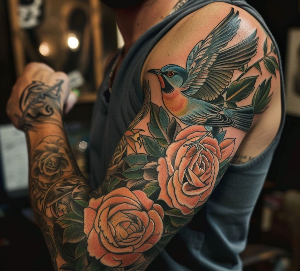 bird and rose masculine flower tattoo