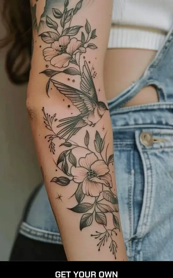 flower and bird forearm tattoo design