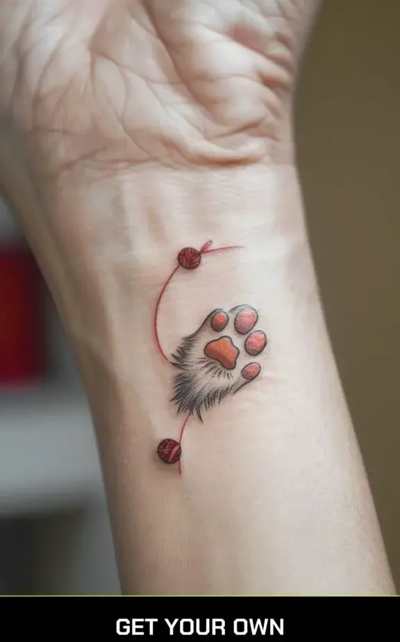  cat paw and yarn tattoo