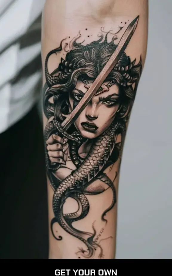 Medusa and sword tattoo