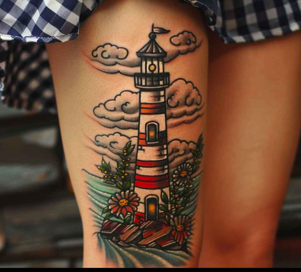 Colourful Lighthouse Tattoo Thigh