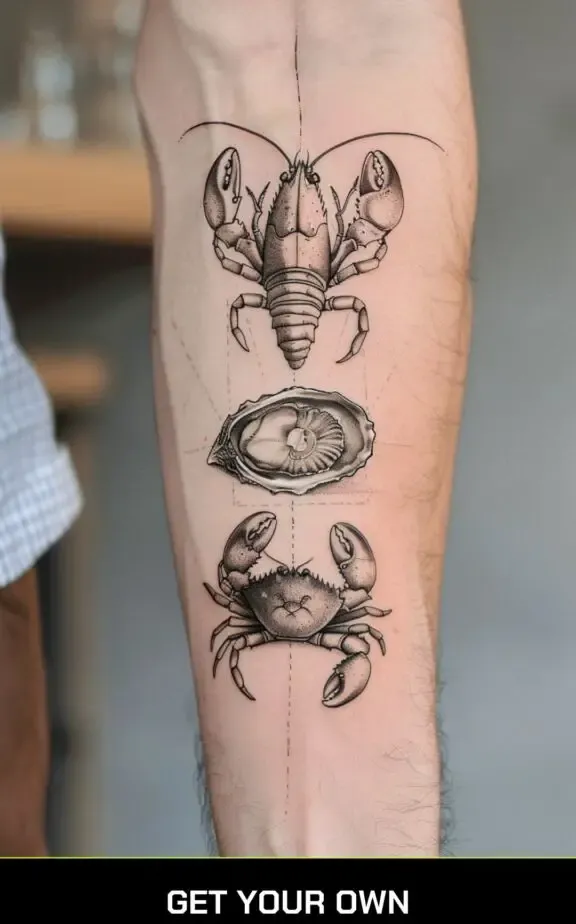 crab, oyster and lobsters sea food chef tattoo idea