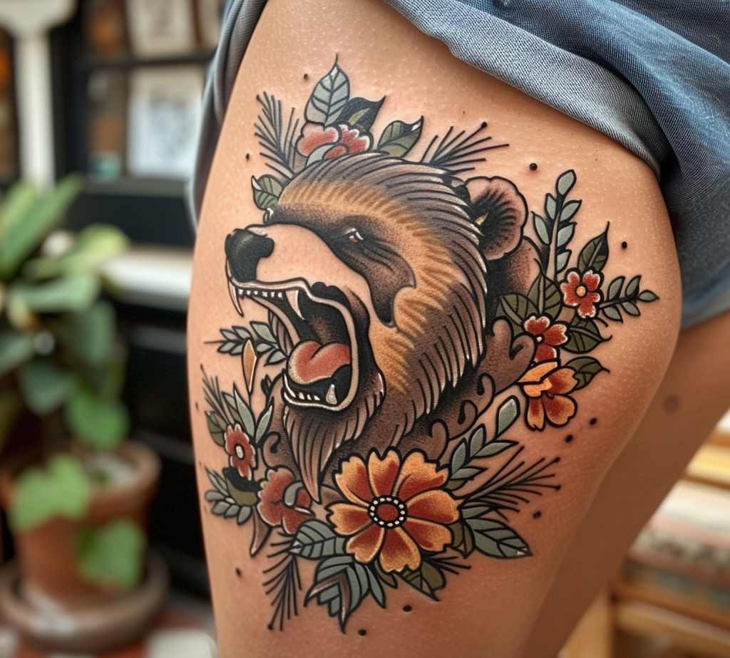 thigh traditional bear tattoo