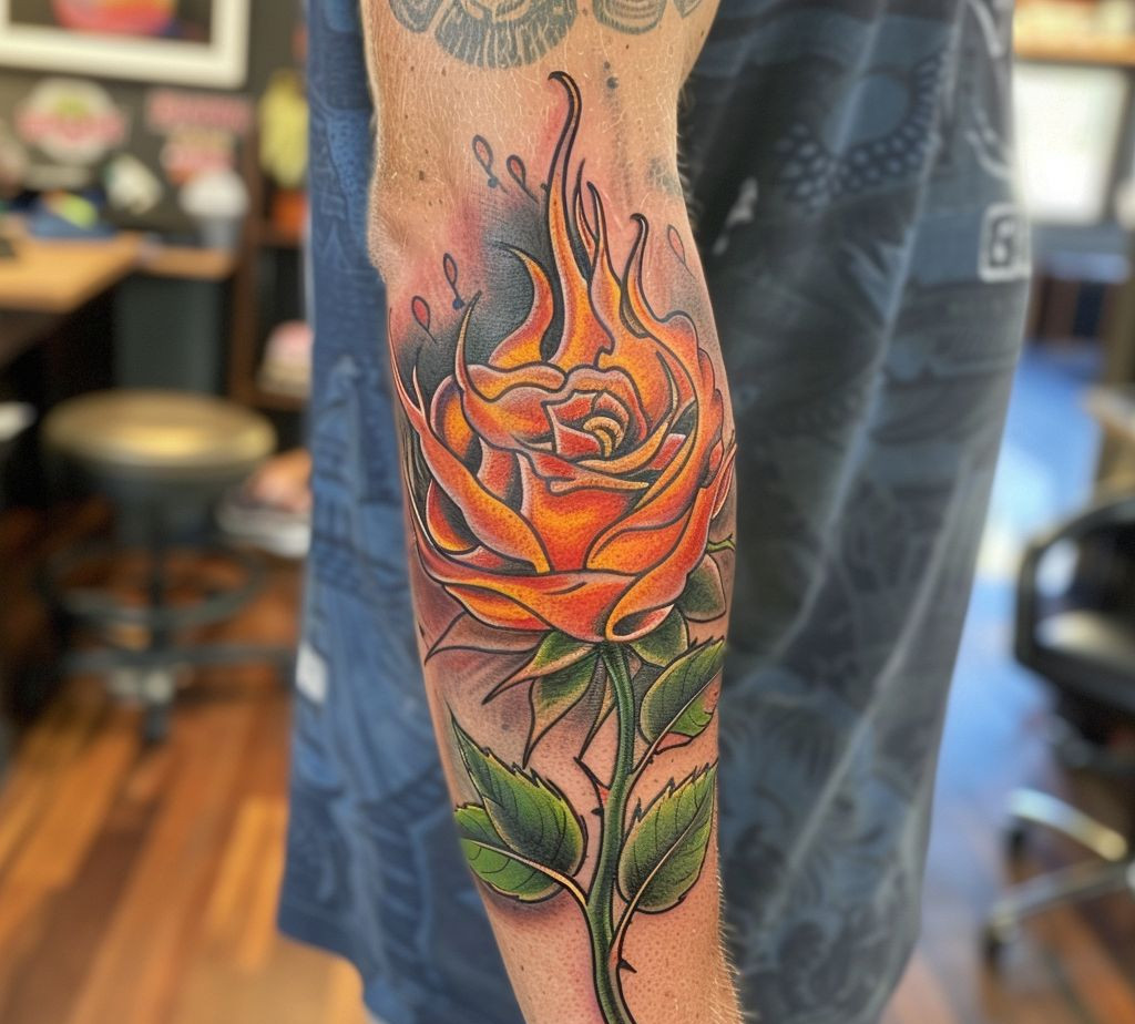 burning rose flower tatt