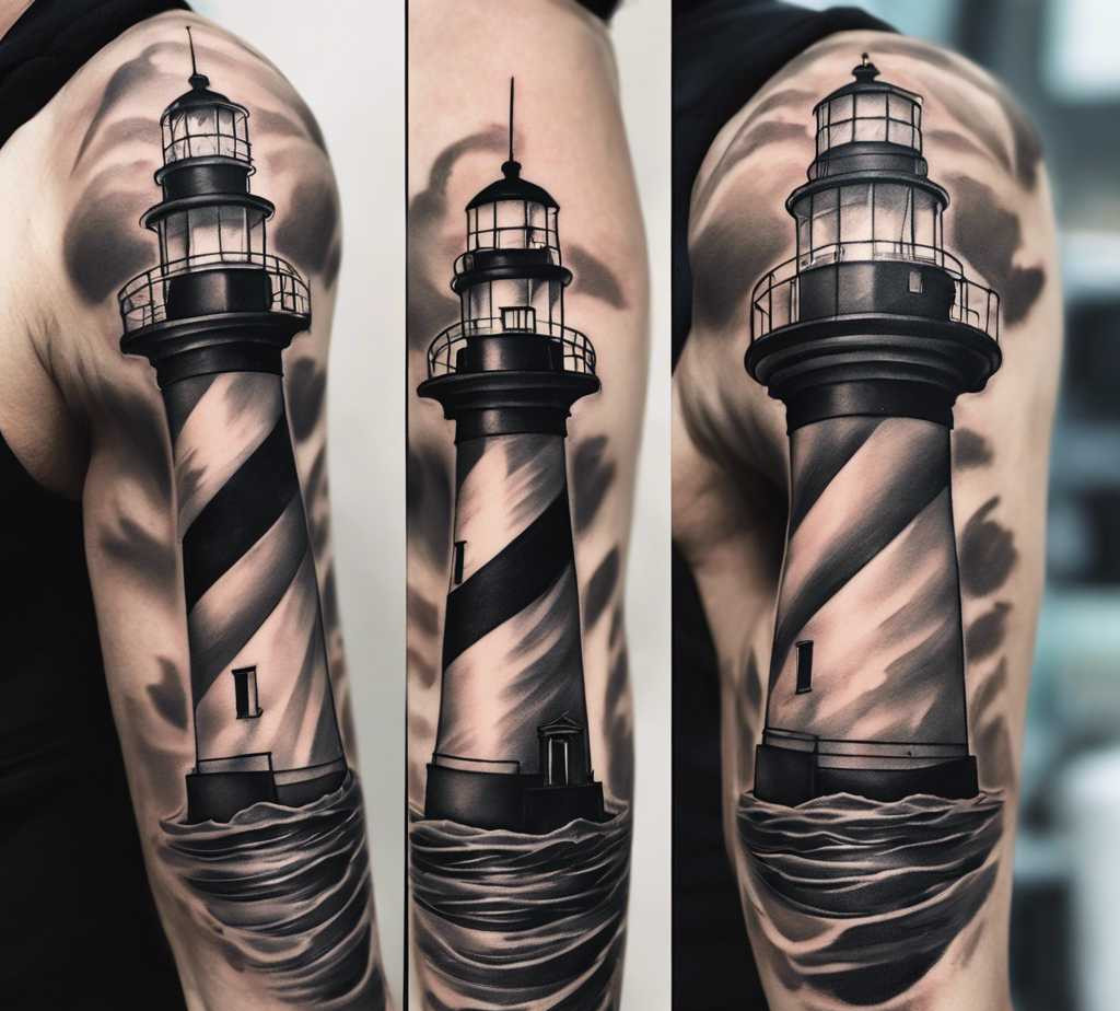 full sleeves black and gray lighthouse tattoo 