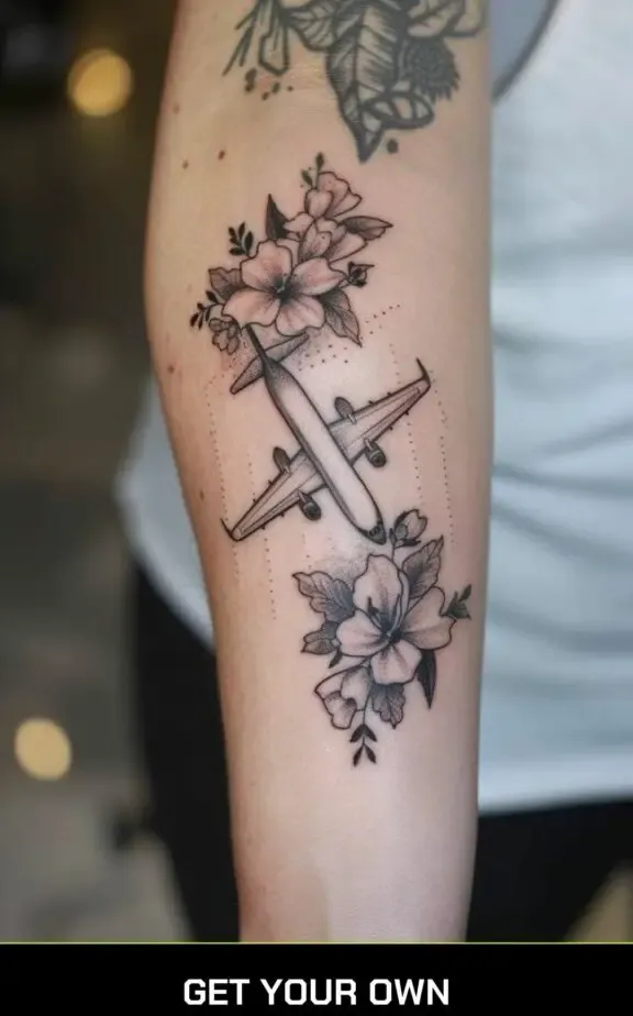 airplane and flower tattoo idea