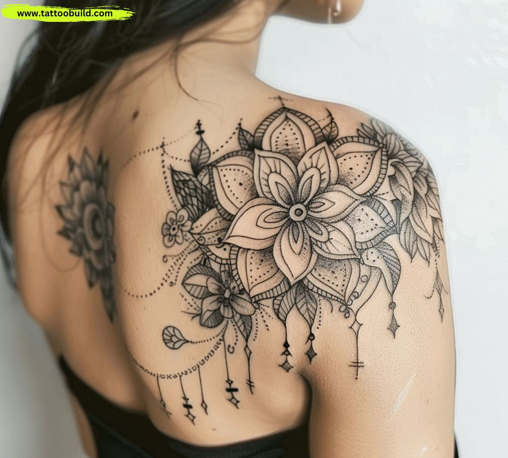 floral back shoulder tattoo design for female 