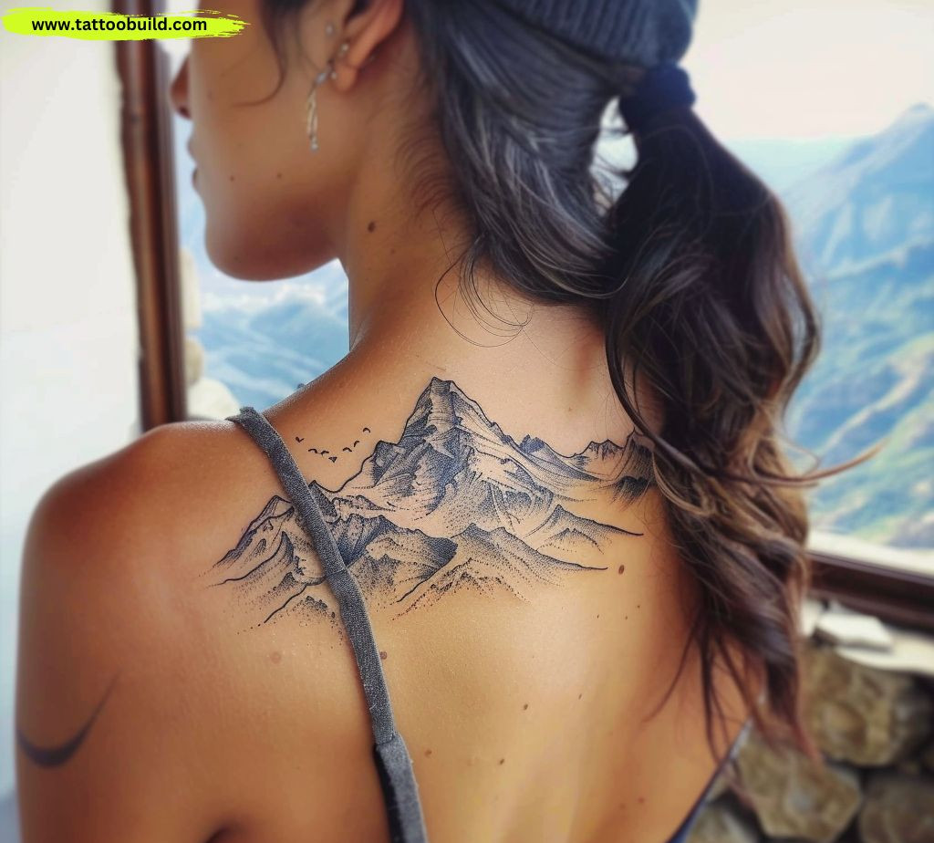 mountain range back shoulder tattoo idea
