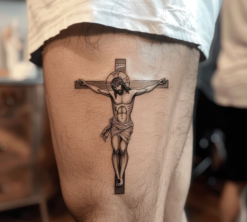 small crucifixion thigh tattoo for guy