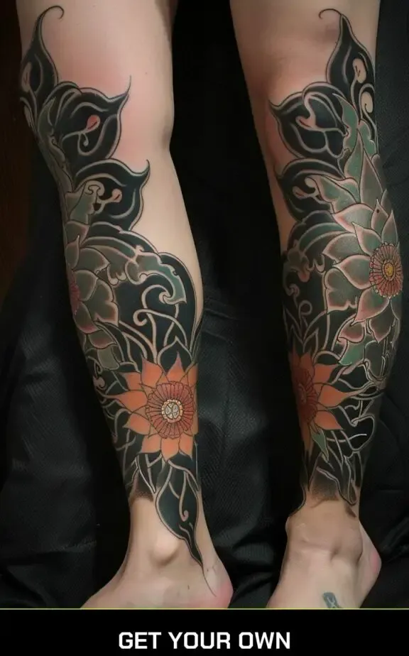 leg sleeve black work tattoo