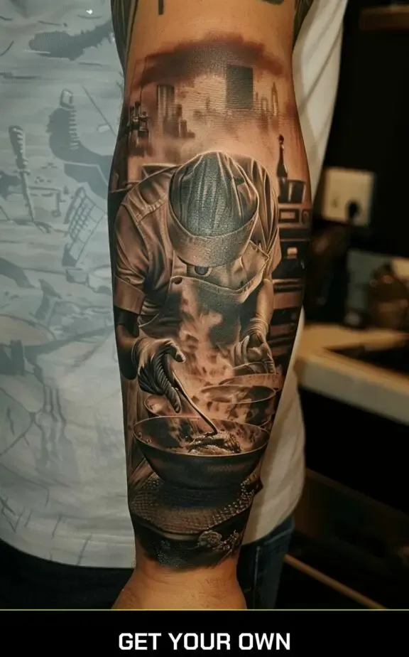 realistic chef sleeve tattoo idea