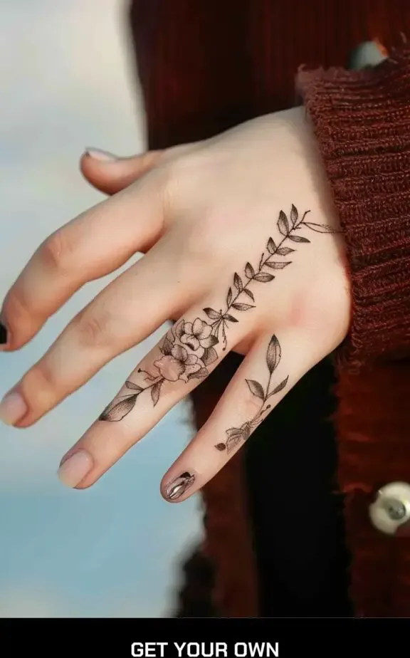 beautiful floral tattoo on the finger