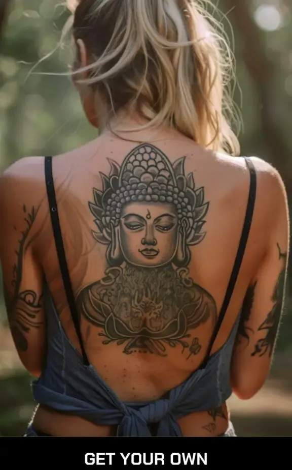 tribal tattoo style buddha back tattoo for women