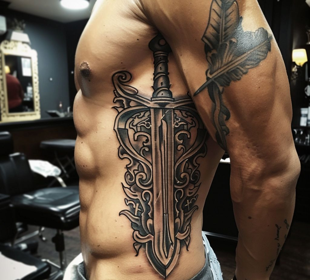sword and shield side body tattoo