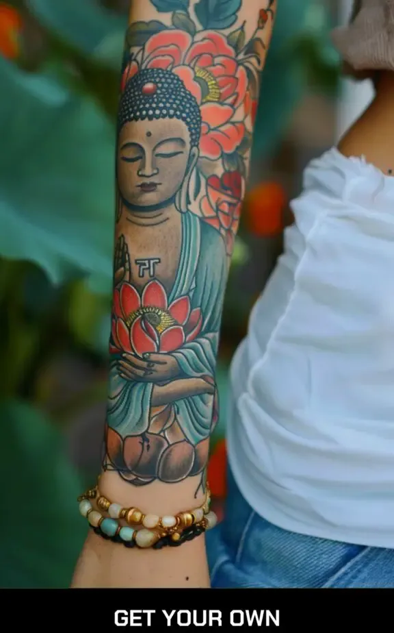 Buddha and Flower Arm Tattoo in Anime Style