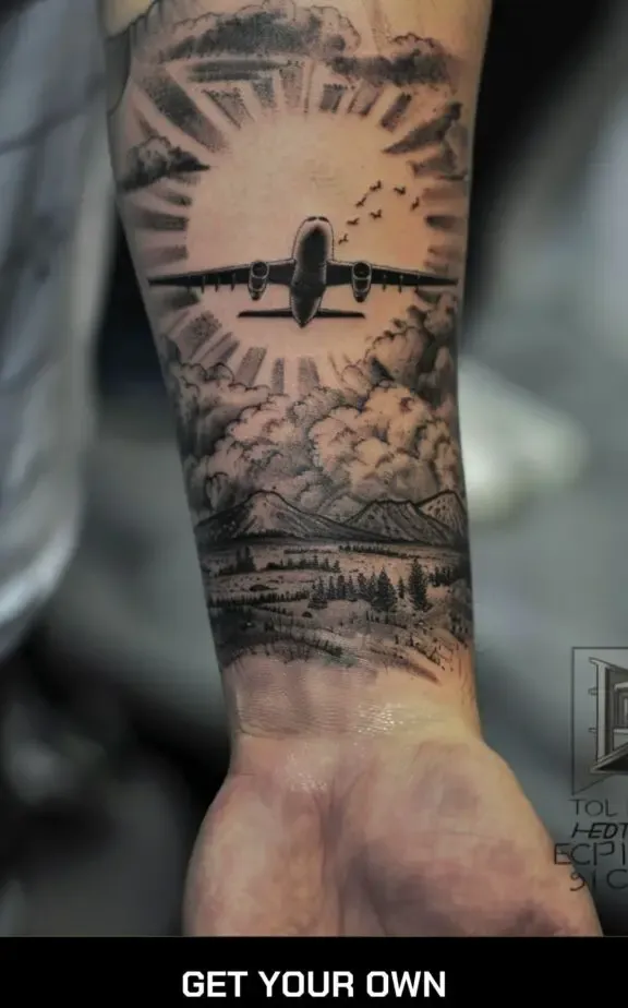 realistic airplane and sun travel tattoo idea