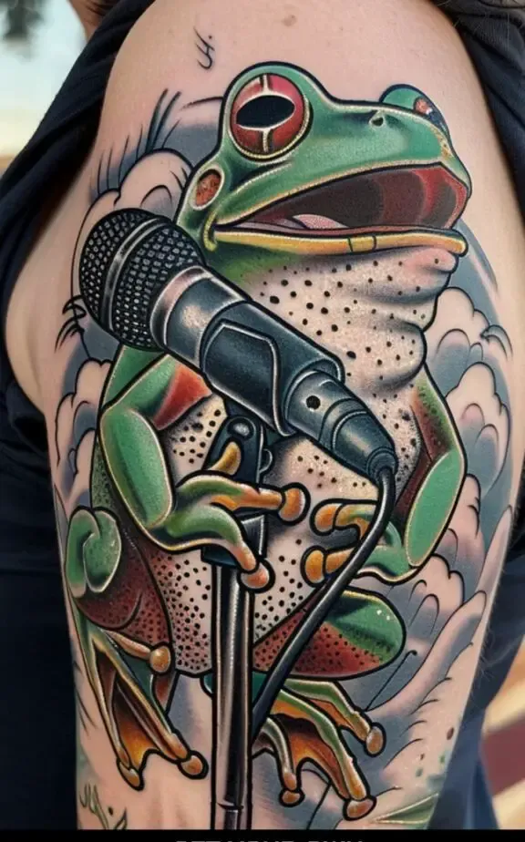 singing frog bicep tattoo for women