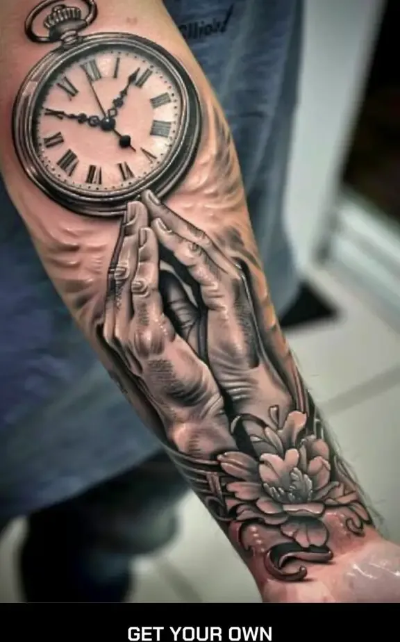 praying hearts with clock tattoo