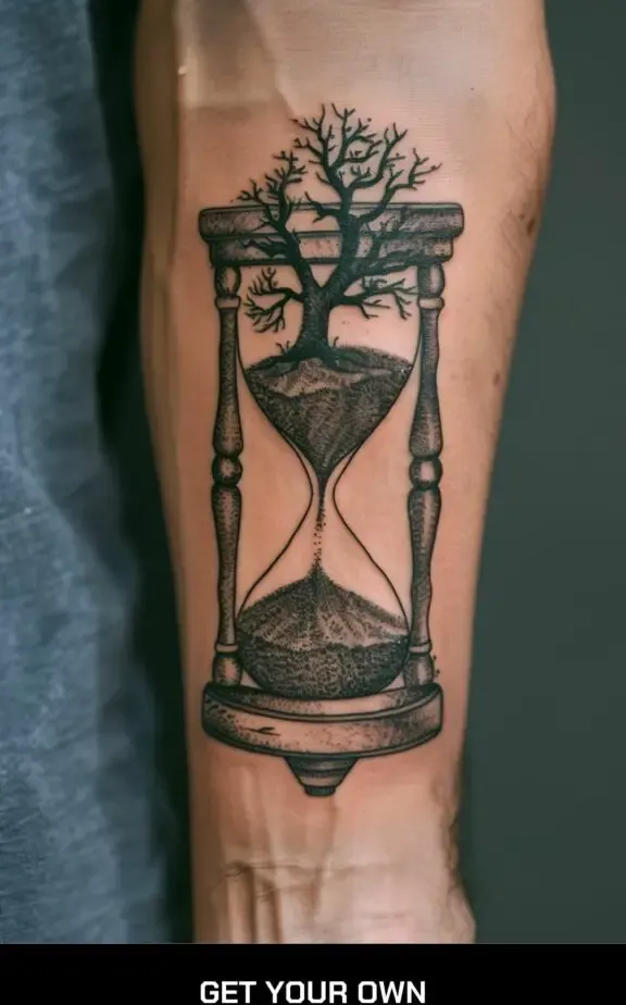  detailed tattoo design of hourglass with a tree growing inside it, symbolizing life and growth.