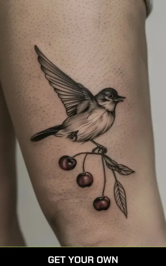 cherry and bird thigh tattoo