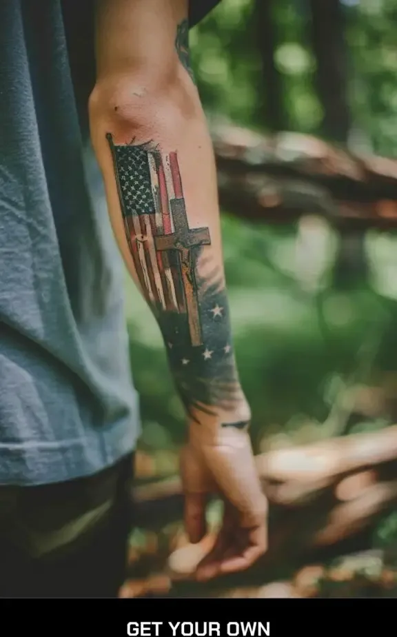 American flag and cross tattoo