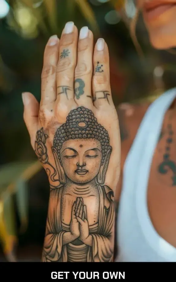 female buddha tattoo of a praying buddha