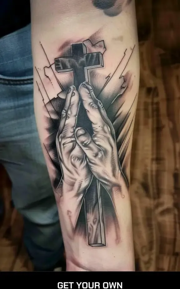 praying heart and cross tattoo