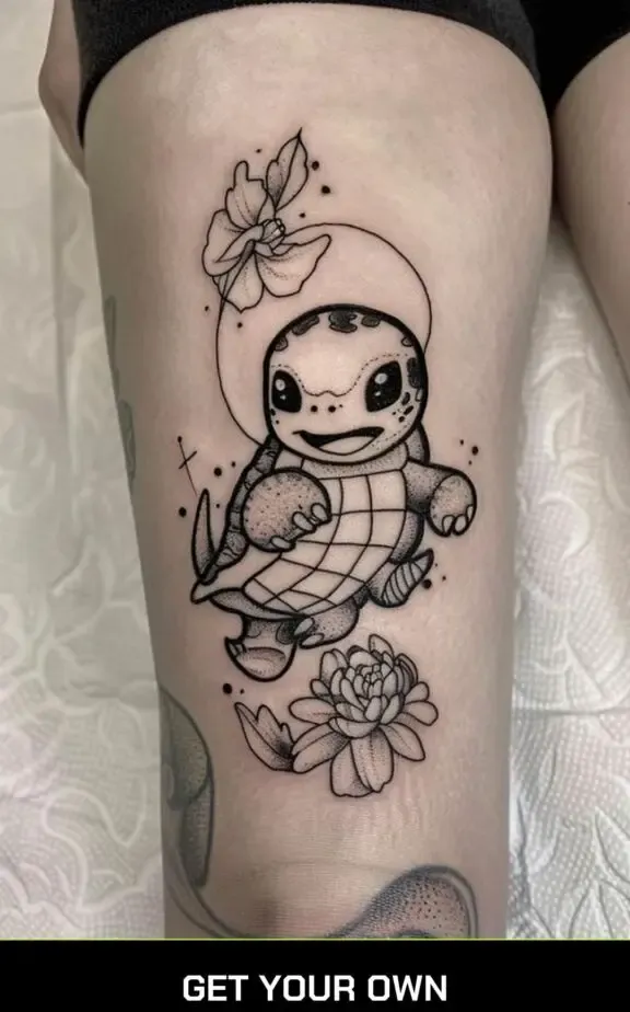 playful tortoise blackwork tattoo design