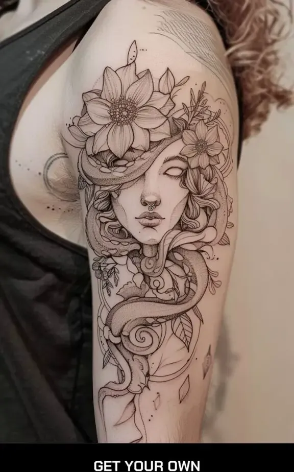 fine line medusa and flower tattoo