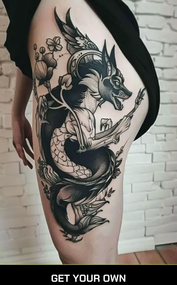 mythical creature black work tattoo idea