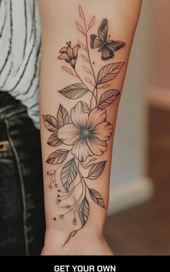flower and butterfly forearm tattoo