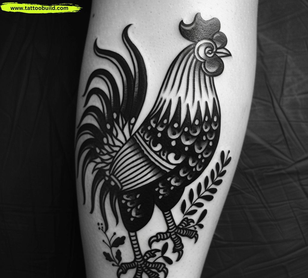 black and gray traditional rooster tattoo