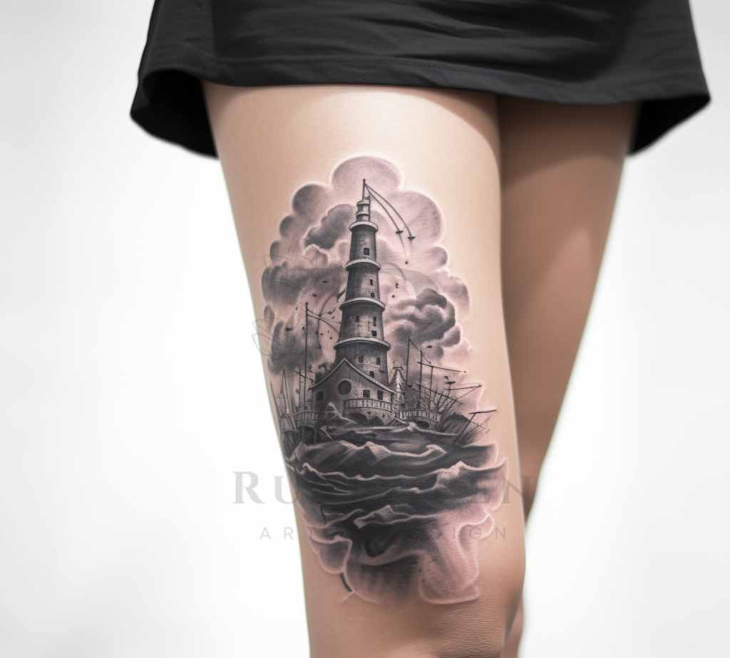 Lighthouse Female Tattoo Black and Grey