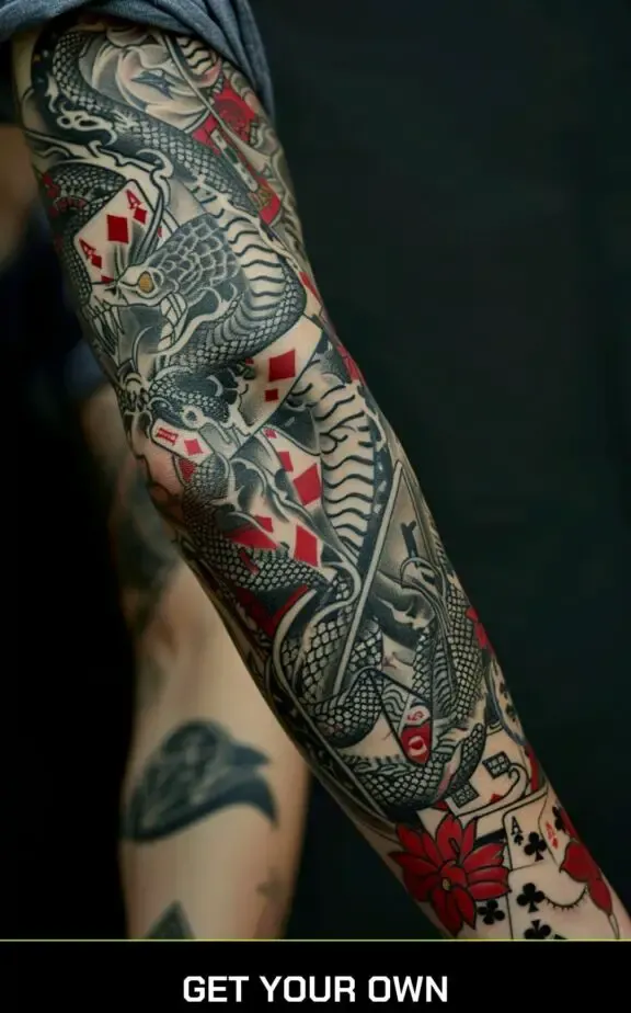 snake and poker card sleeve tattoo