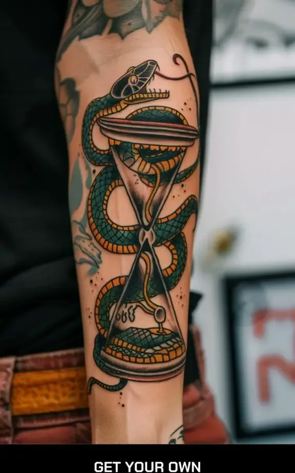 tattoo of and hourglass with a snake curled around it