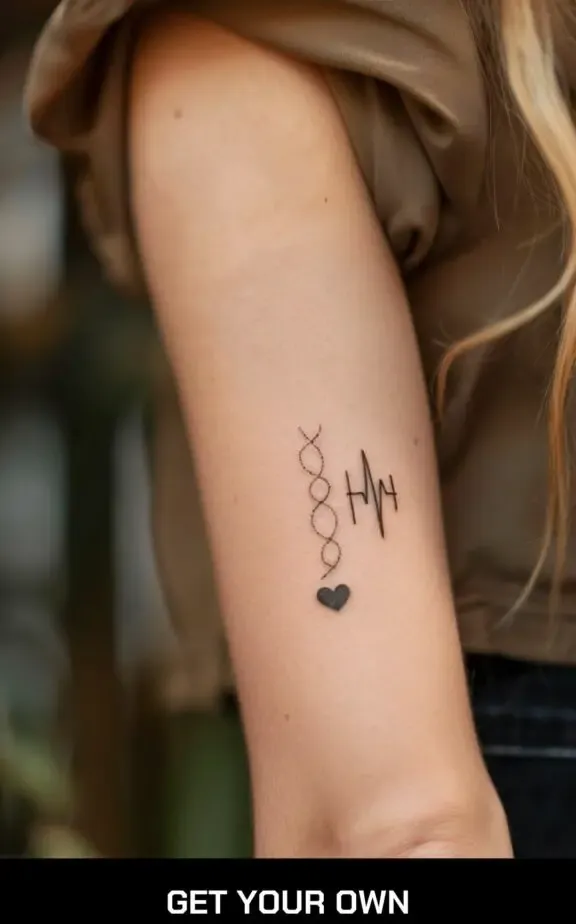 small beautiful tattoo idea for ladies: DNA strand and heart beat tattoo
