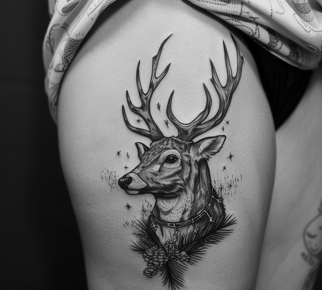 reindeer black and white Christmas tattoo idea 