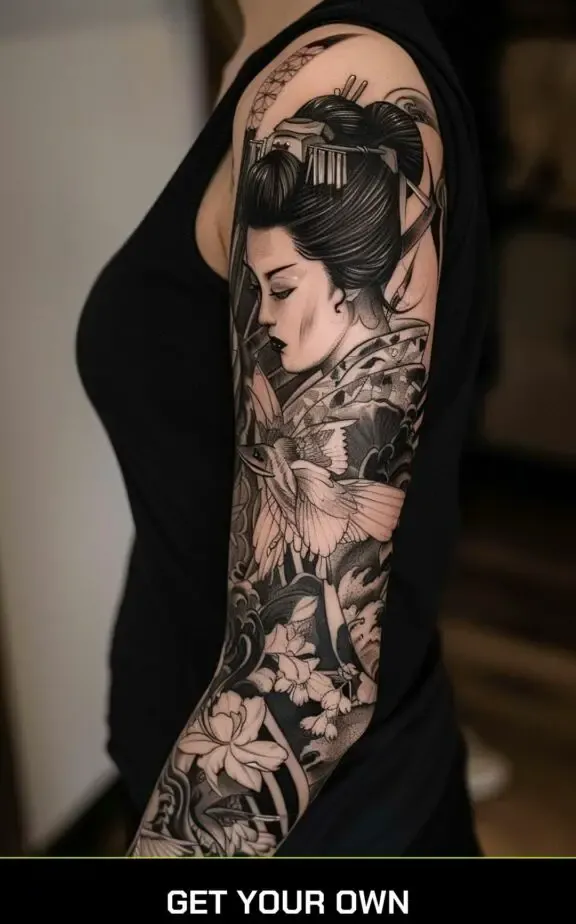 geisha sleeve blackwork tattoo