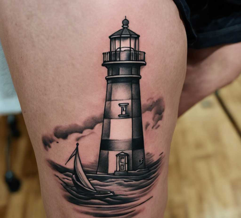 Light house thigh tattoo